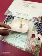 KLB-957 Creme Blue Elephant Laser Cut MDF Thick Wedding Card (2 Page)-Kalash Cards