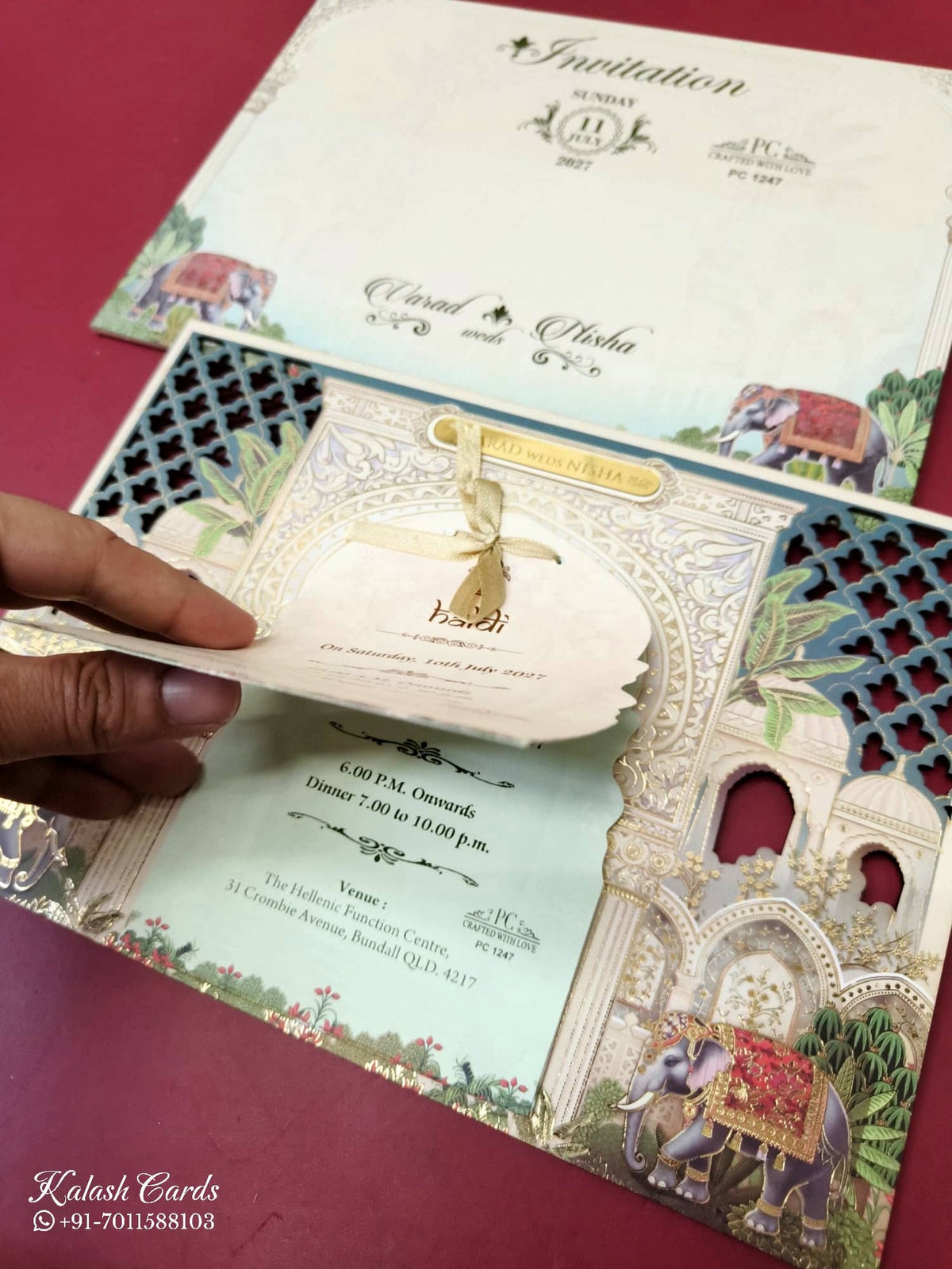 KLB-957 Creme Blue Elephant Laser Cut MDF Thick Wedding Card (2 Page)-Kalash Cards