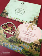 KLB-958 Green Royal Fort Couple Name Laser Cut MDF Thick Wedding Card (2 Page)-Kalash Cards