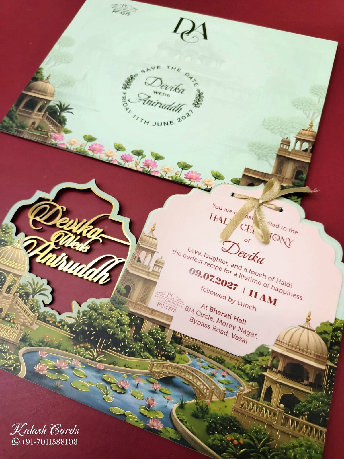 KLB-958 Green Royal Fort Couple Name Laser Cut MDF Thick Wedding Card (2 Page)-Kalash Cards