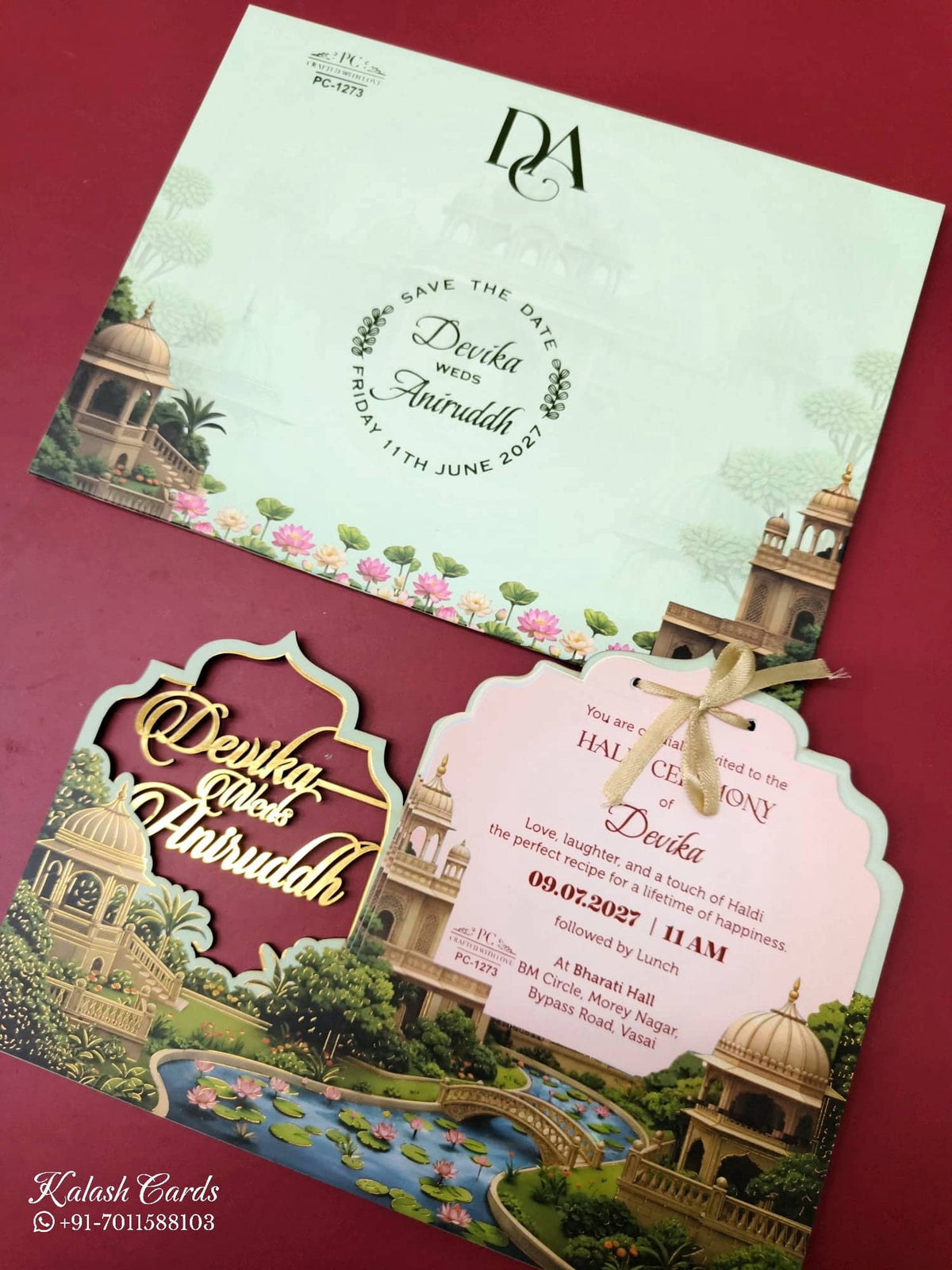 KLB-958 Green Royal Fort Couple Name Laser Cut MDF Thick Wedding Card (2 Page)-Kalash Cards