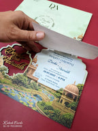 KLB-958 Green Royal Fort Couple Name Laser Cut MDF Thick Wedding Card (2 Page)-Kalash Cards