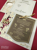 KLB-966 Creme Floral Couple Name Laser Cut MDF Thick Wedding Card (2 Page)-Kalash Cards