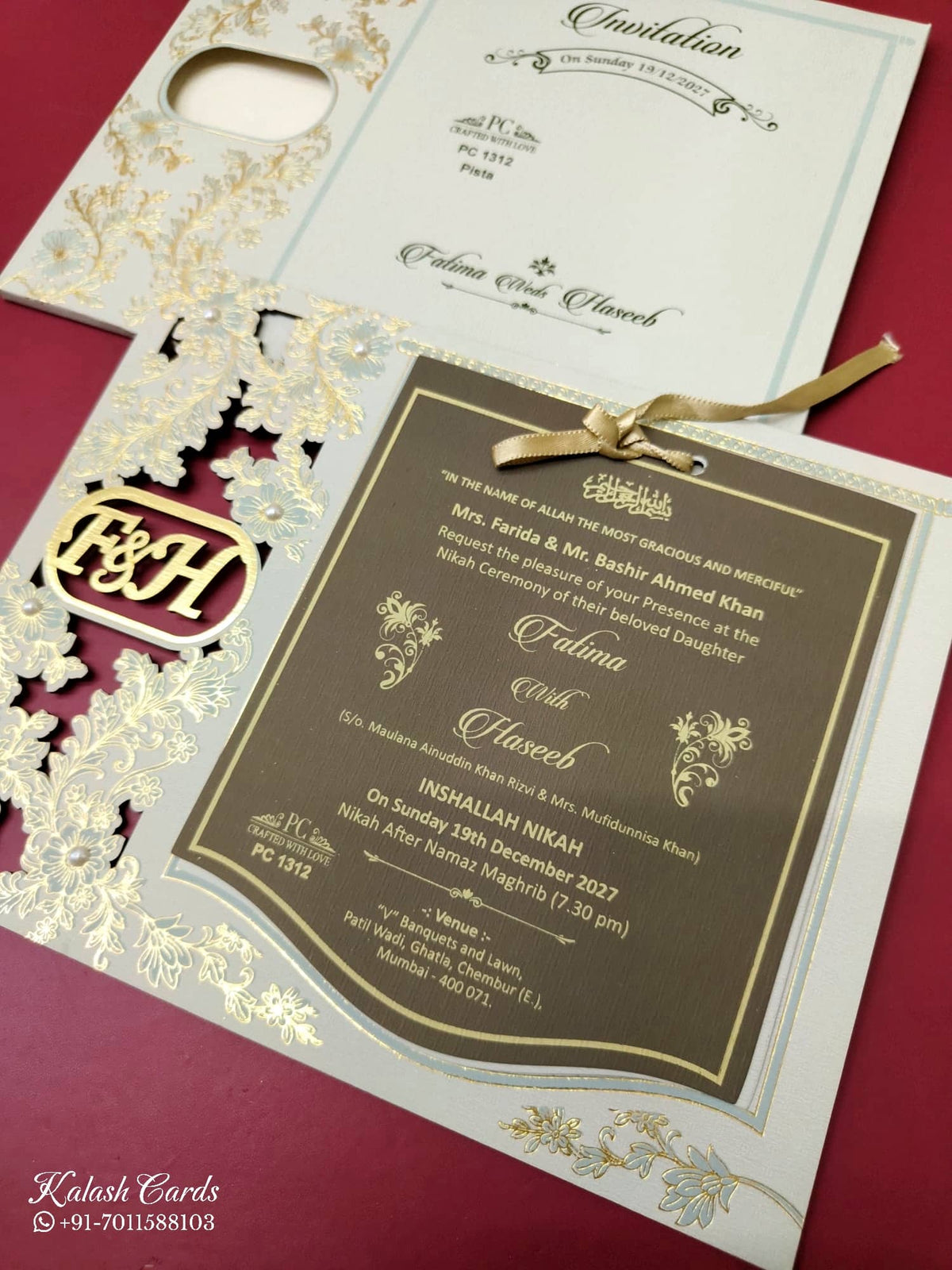 KLB-966 Creme Floral Couple Name Laser Cut MDF Thick Wedding Card (2 Page)-Kalash Cards