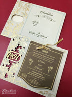 KLB-966 Creme Floral Couple Name Laser Cut MDF Thick Wedding Card (2 Page)-Kalash Cards