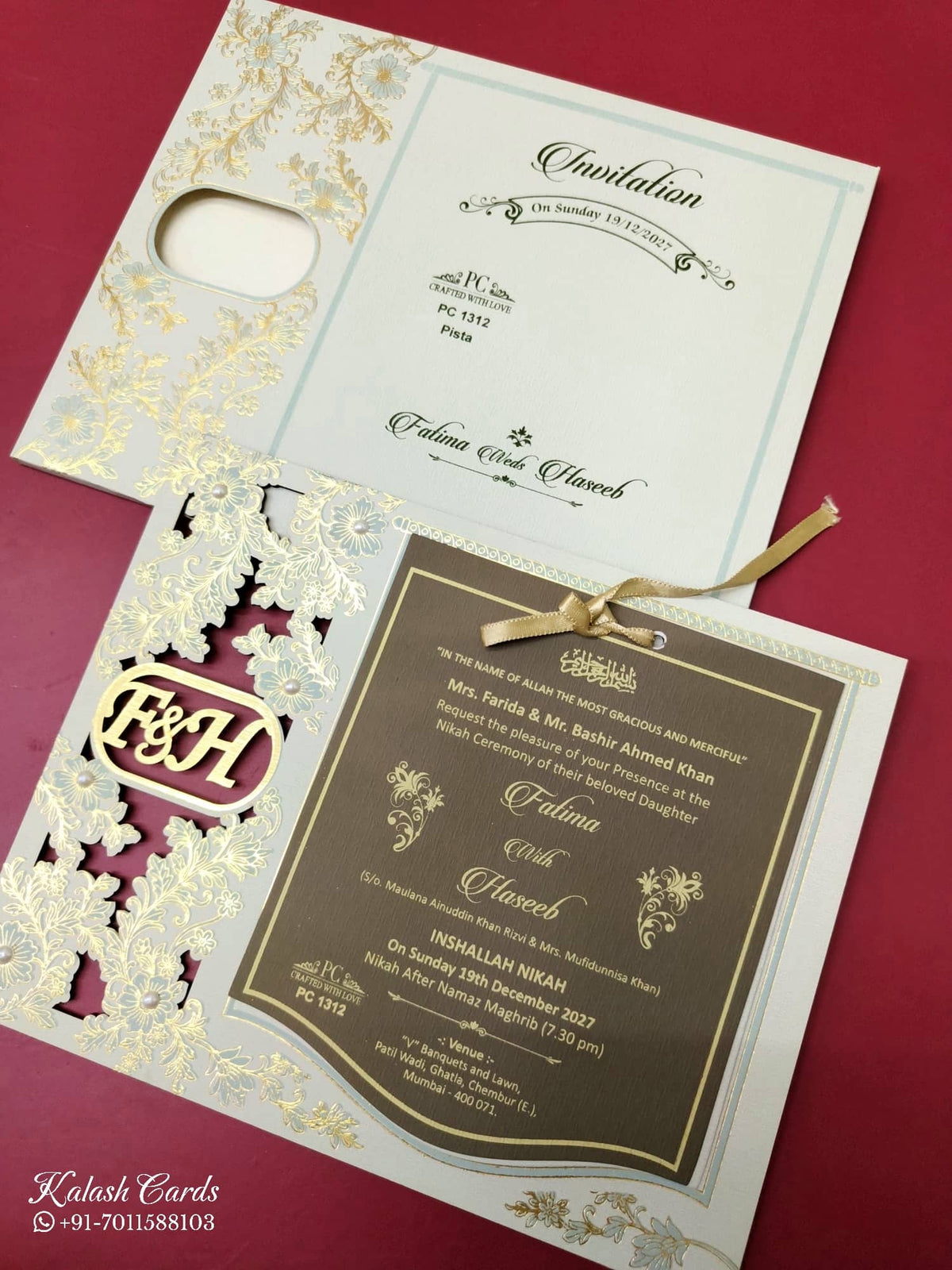 KLB-966 Creme Floral Couple Name Laser Cut MDF Thick Wedding Card (2 Page)-Kalash Cards