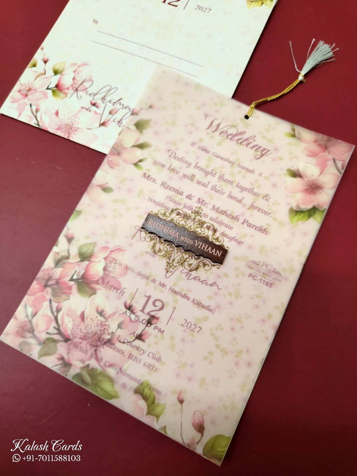 KLB-969 Pink Floral Wedding Card (2 Page & Couple Name Wooden Plate)-Kalash Cards