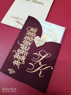 KLB-976 Maroon Leatherette Jacket Style Wedding Card (2 Page & Couple Name Wooden Plate)-Kalash Cards