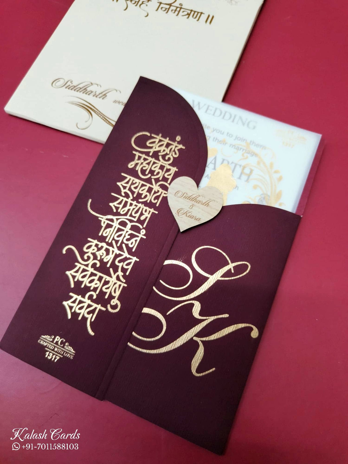 KLB-976 Maroon Leatherette Jacket Style Wedding Card (2 Page & Couple Name Wooden Plate)-Kalash Cards