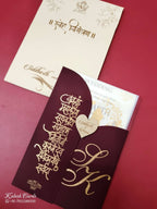 KLB-976 Maroon Leatherette Jacket Style Wedding Card (2 Page & Couple Name Wooden Plate)-Kalash Cards