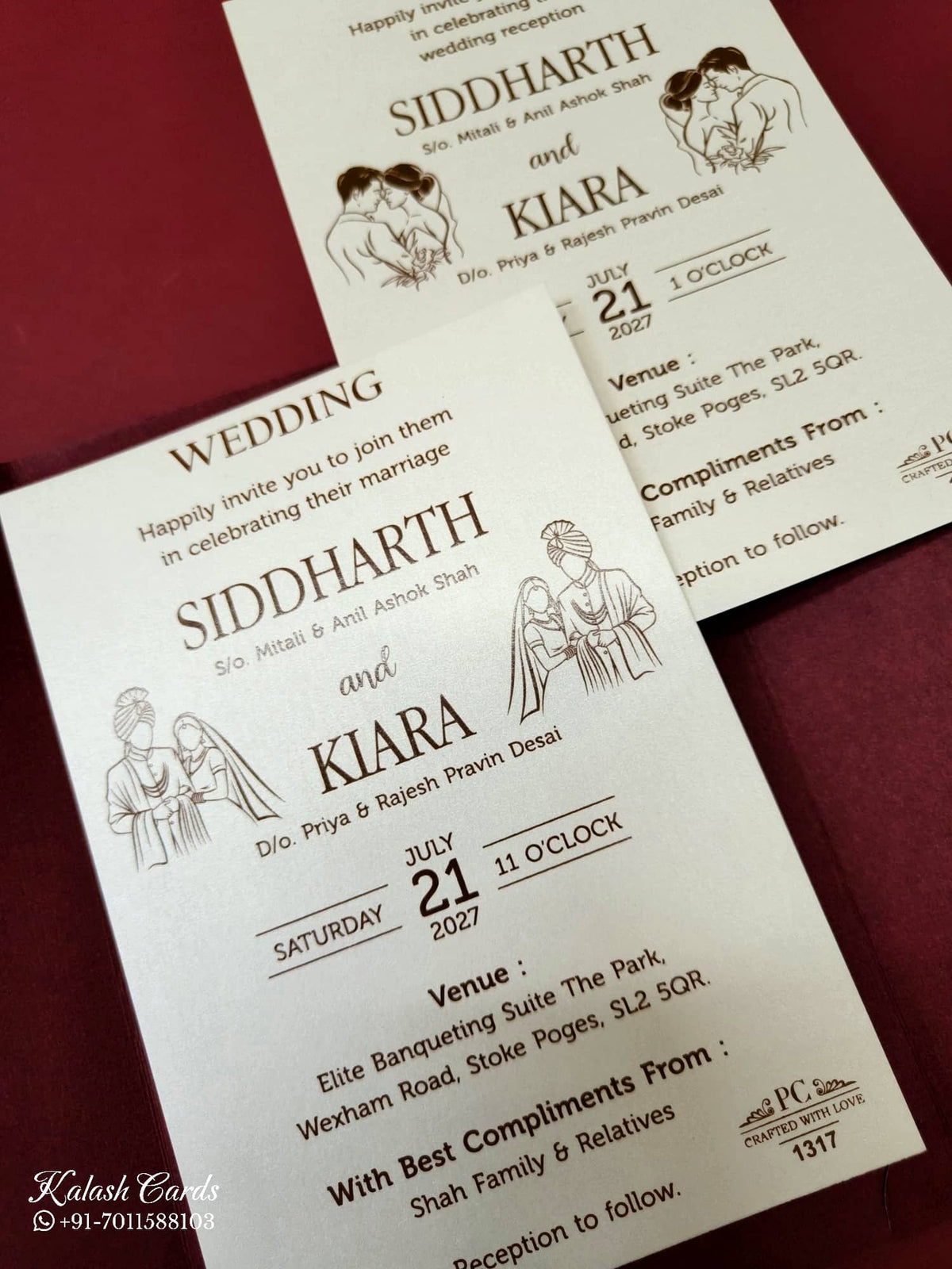 KLB-976 Maroon Leatherette Jacket Style Wedding Card (2 Page & Couple Name Wooden Plate)-Kalash Cards
