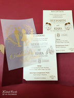 KLB-976 Maroon Leatherette Jacket Style Wedding Card (2 Page & Couple Name Wooden Plate)-Kalash Cards