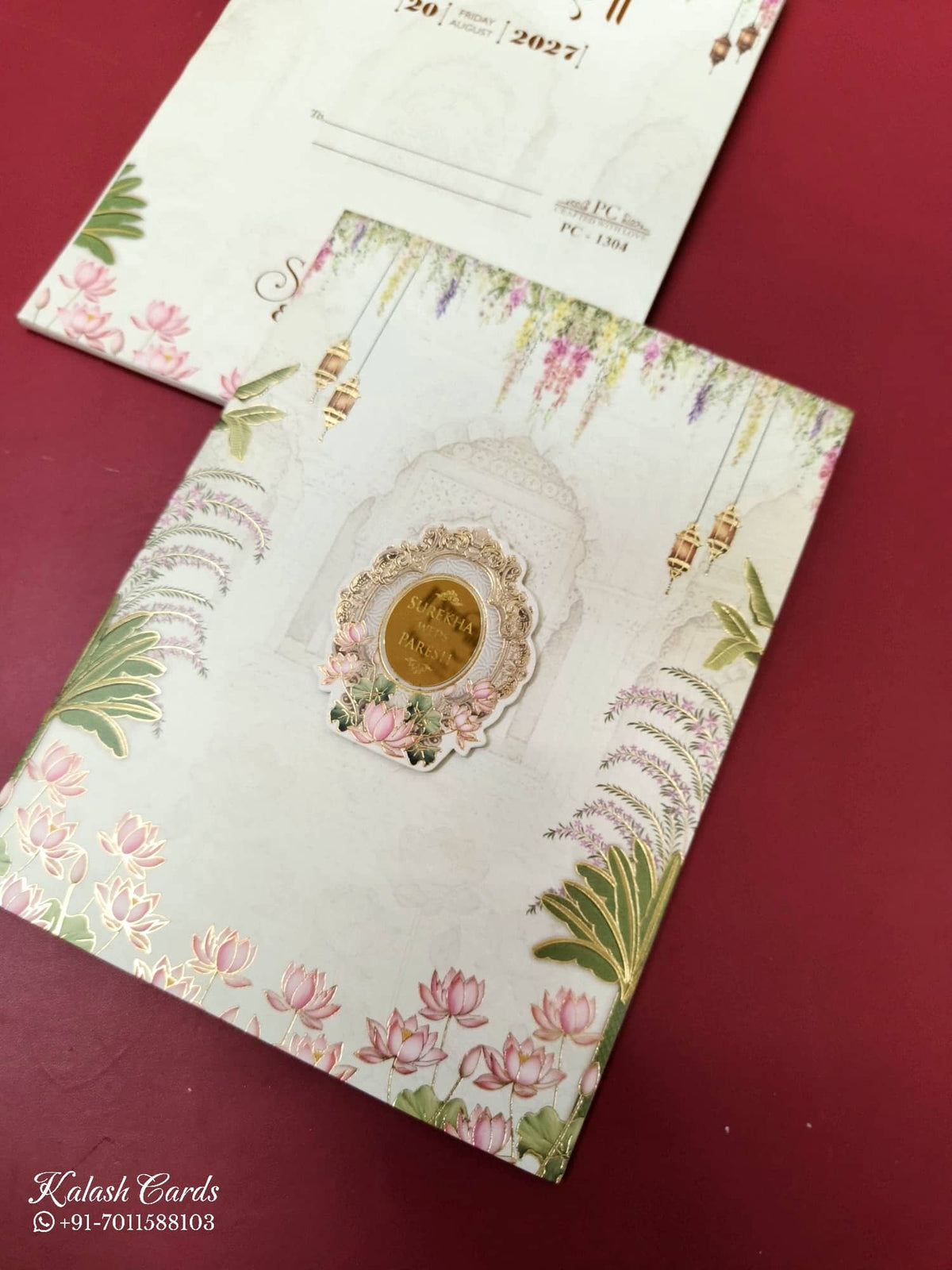 KLB-981 Creme Lotus Floral Semi Box Wedding Card (2 Page & Couple Name Acrylic)-Kalash Cards