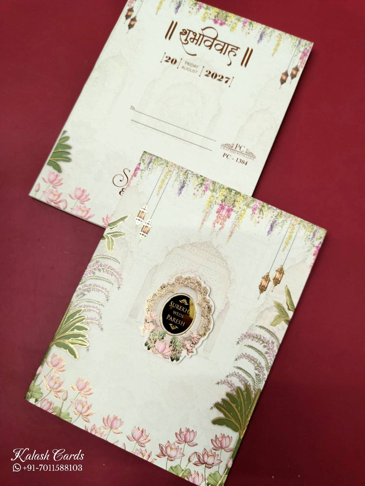 KLB-981 Creme Lotus Floral Semi Box Wedding Card (2 Page & Couple Name Acrylic)-Kalash Cards