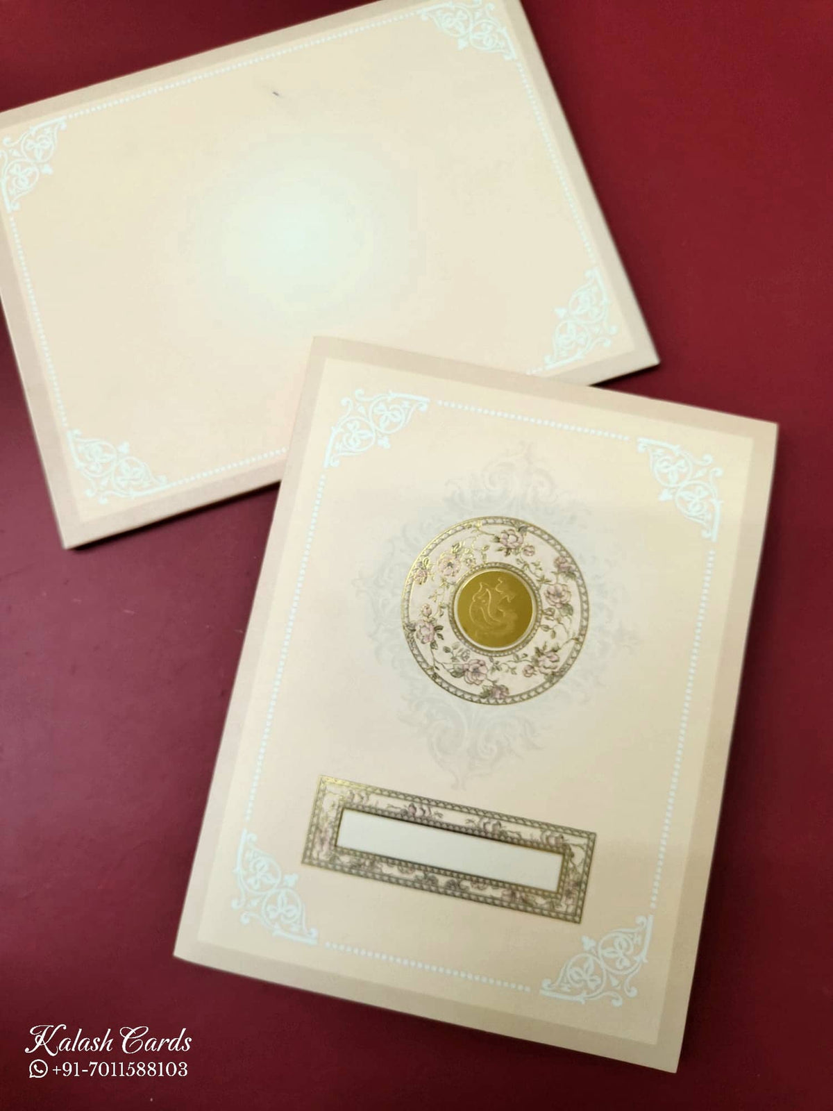 KLB-984 Creme Traditional Semi Box Wedding Card (2 Page)-Kalash Cards