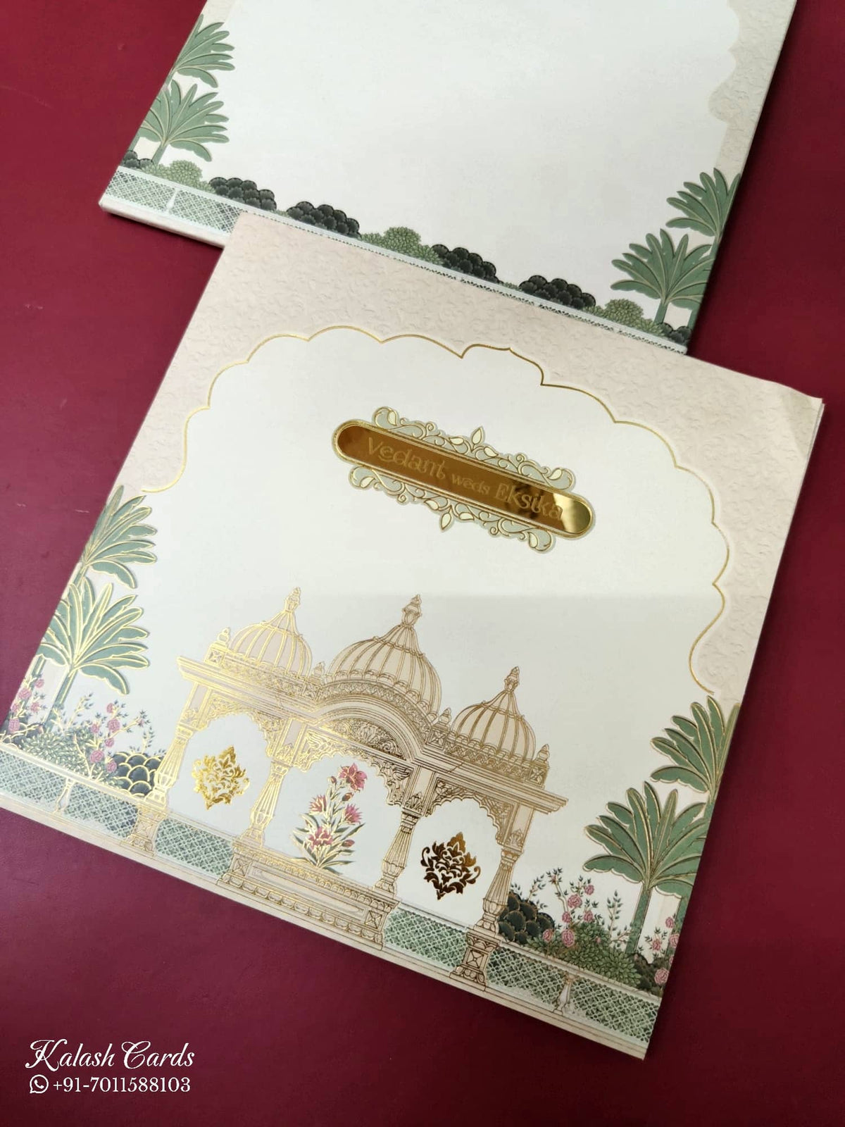 KLB-987 Creme Royal Arch Semi Box Wedding Card (2 Page & Couple Name Acrylic)-Kalash Cards