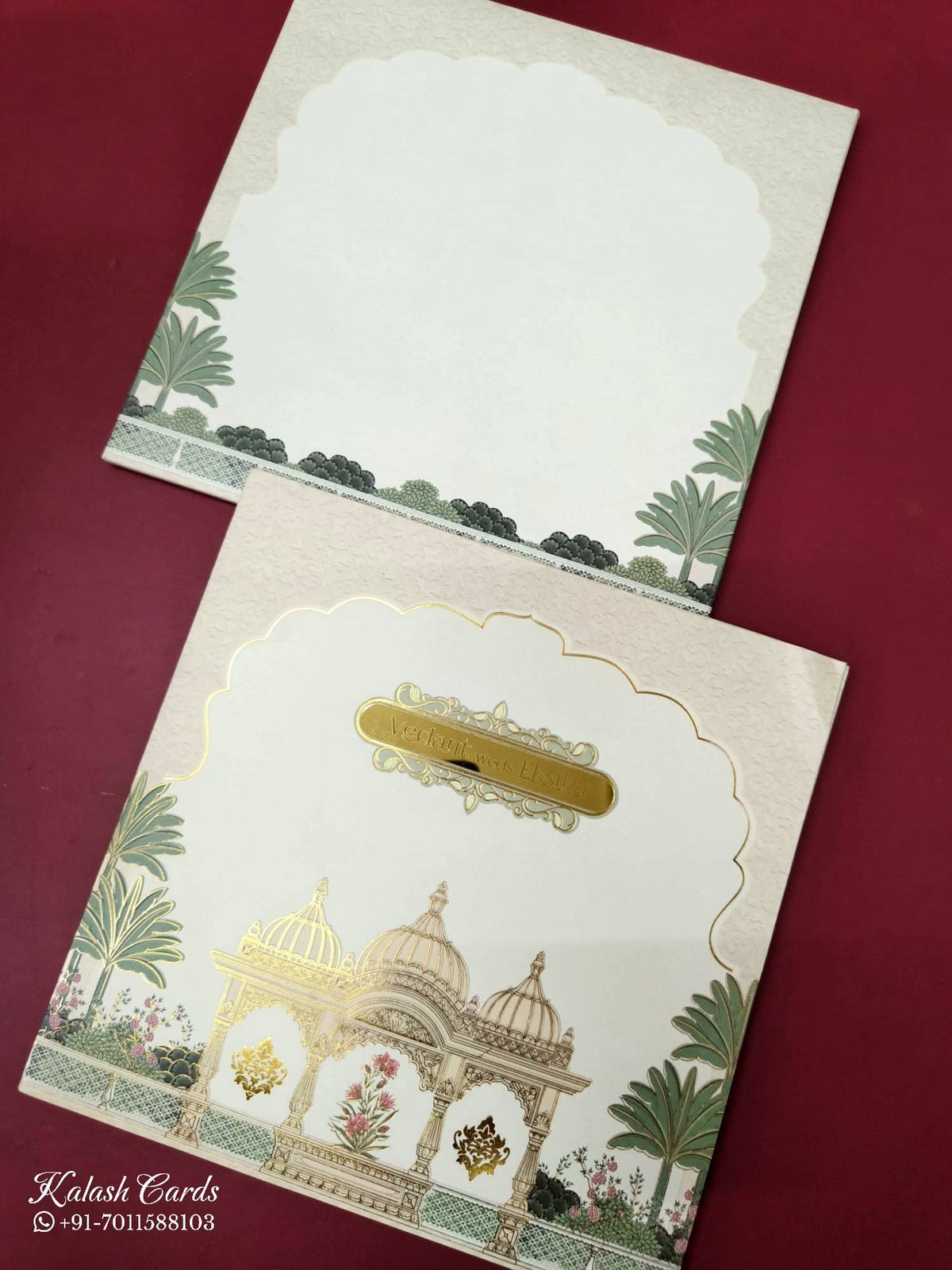 KLB-987 Creme Royal Arch Semi Box Wedding Card (2 Page & Couple Name Acrylic)-Kalash Cards