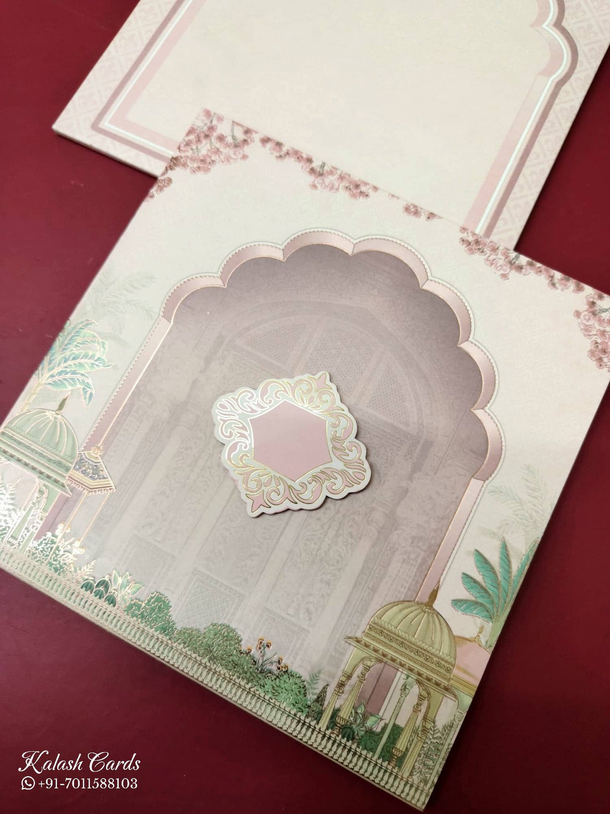 KLB-988 Pink Royal Arch Semi Box Wedding Card (2 Page)-Kalash Cards