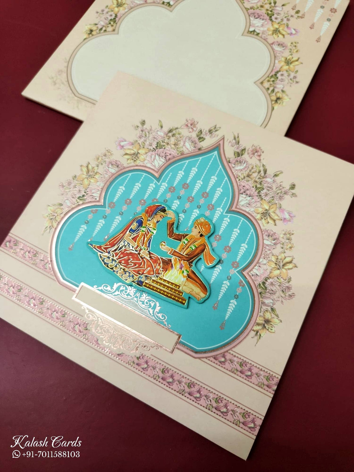 KLB-989 Creme Mandap Semi Box Wedding Card (2 Page)-Kalash Cards