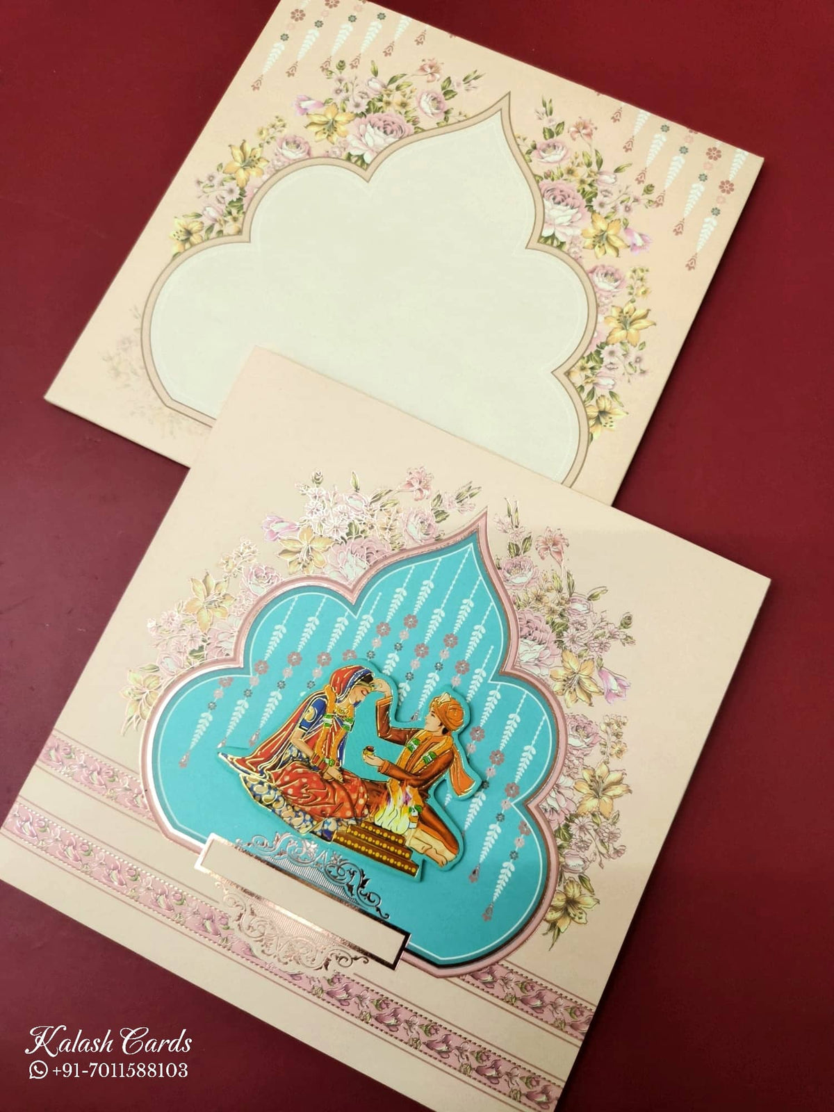 KLB-989 Creme Mandap Semi Box Wedding Card (2 Page)-Kalash Cards