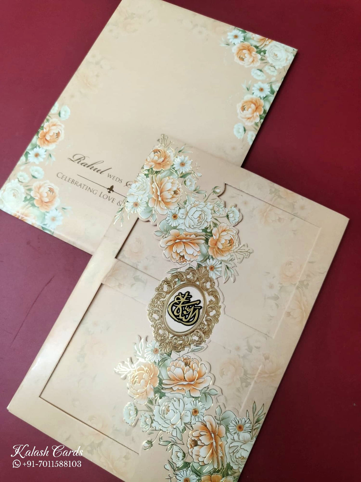 KLB-997 Peach Floral Laser Cut 3-Fold Style Wedding Card (2 Page)