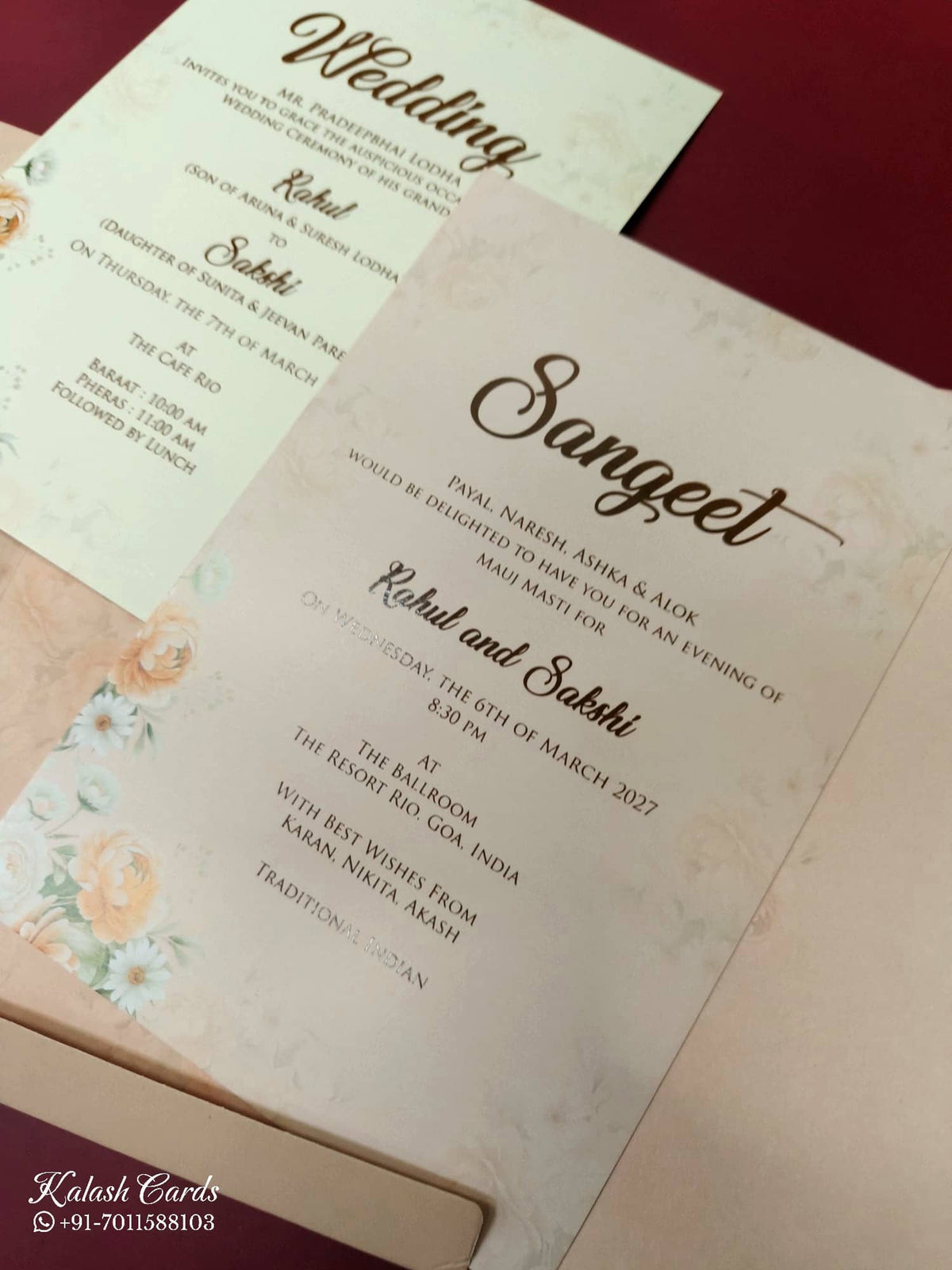 KLB-997 Peach Floral Laser Cut 3-Fold Style Wedding Card (2 Page)