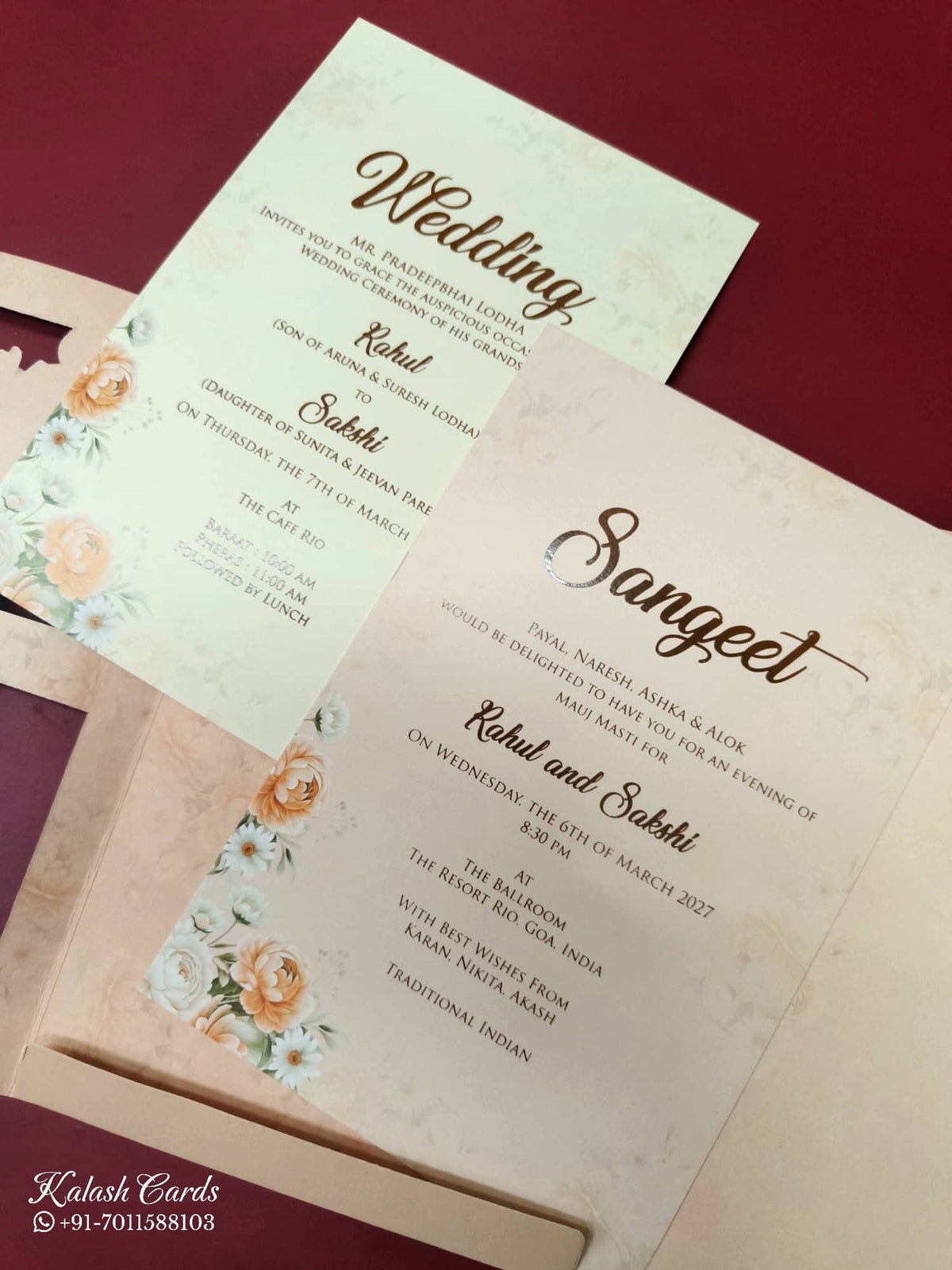 KLB-997 Peach Floral Laser Cut 3-Fold Style Wedding Card (2 Page)