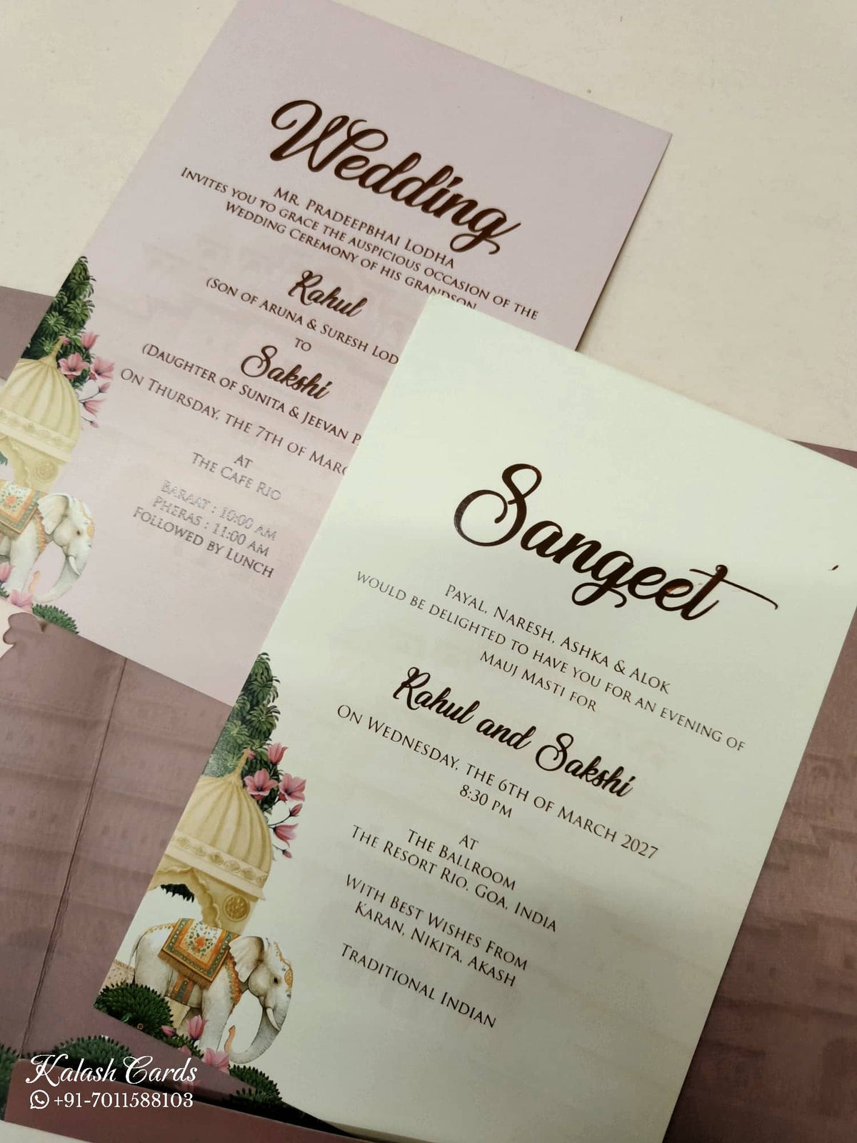 KLB-998 Brown Royal Fort Elephant Laser Cut 3-Fold Style Wedding Card (2 Page)