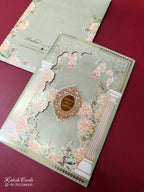 KLB-999 Green Royal Arch Floral Laser Cut 3-Fold Style Wedding Card (2 Page & Couple Name Acrylic)
