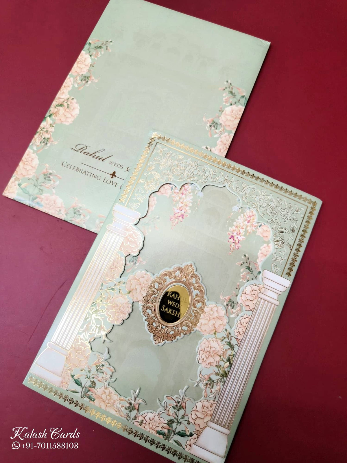 KLB-999 Green Royal Arch Floral Laser Cut 3-Fold Style Wedding Card (2 Page & Couple Name Acrylic)