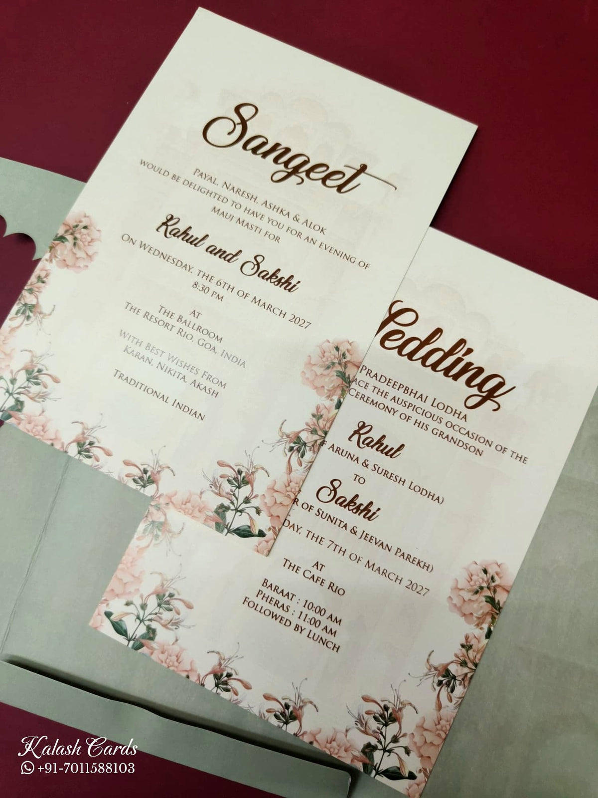 KLB-999 Green Royal Arch Floral Laser Cut 3-Fold Style Wedding Card (2 Page & Couple Name Acrylic)