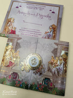 KLB527 Raja Rani Elephant Design Purple Color Double Door Style Semi Box Wedding Card (2 Page)