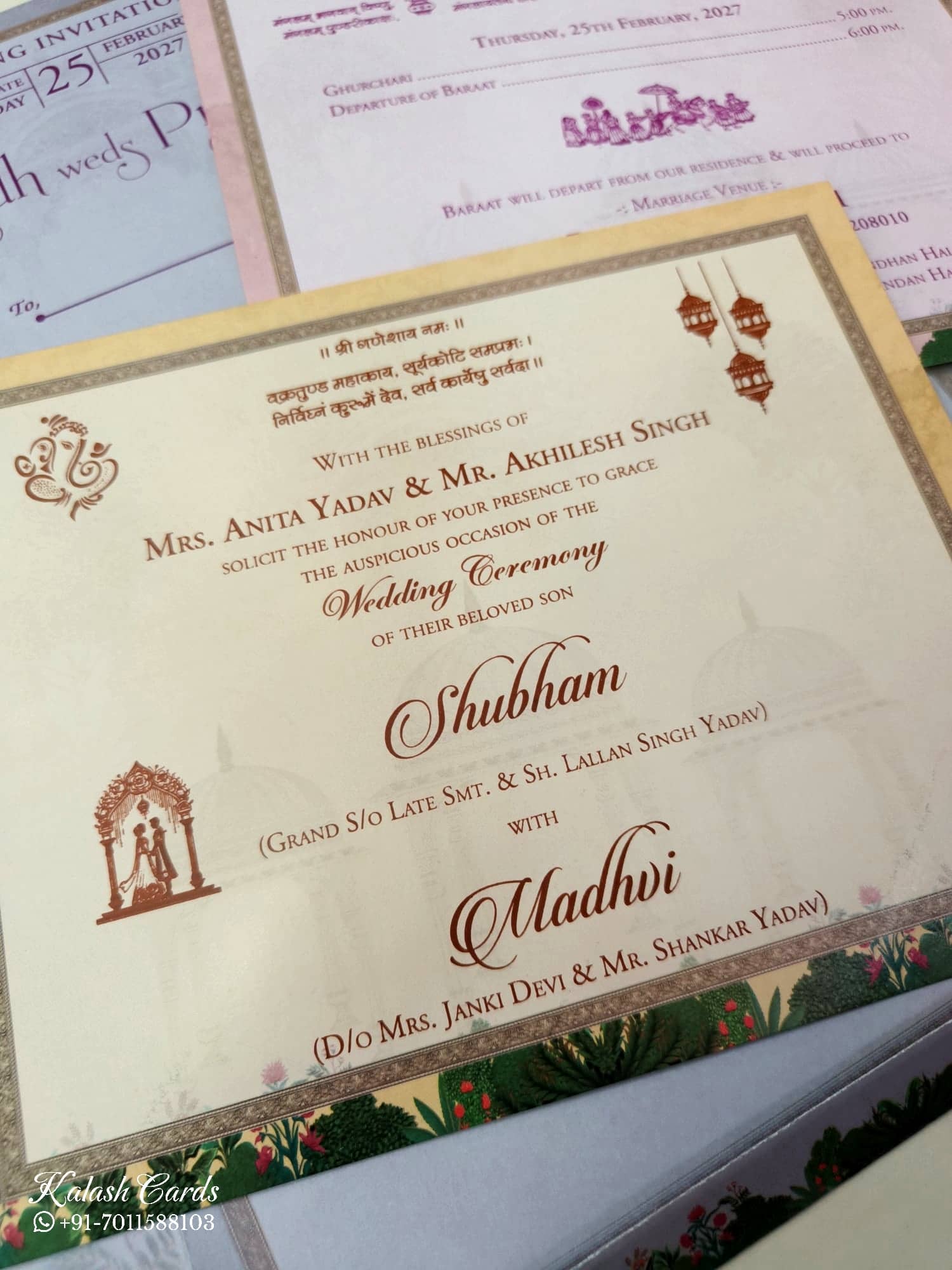KLB527 Raja Rani Elephant Design Purple Color Double Door Style Semi Box Wedding Card (2 Page)
