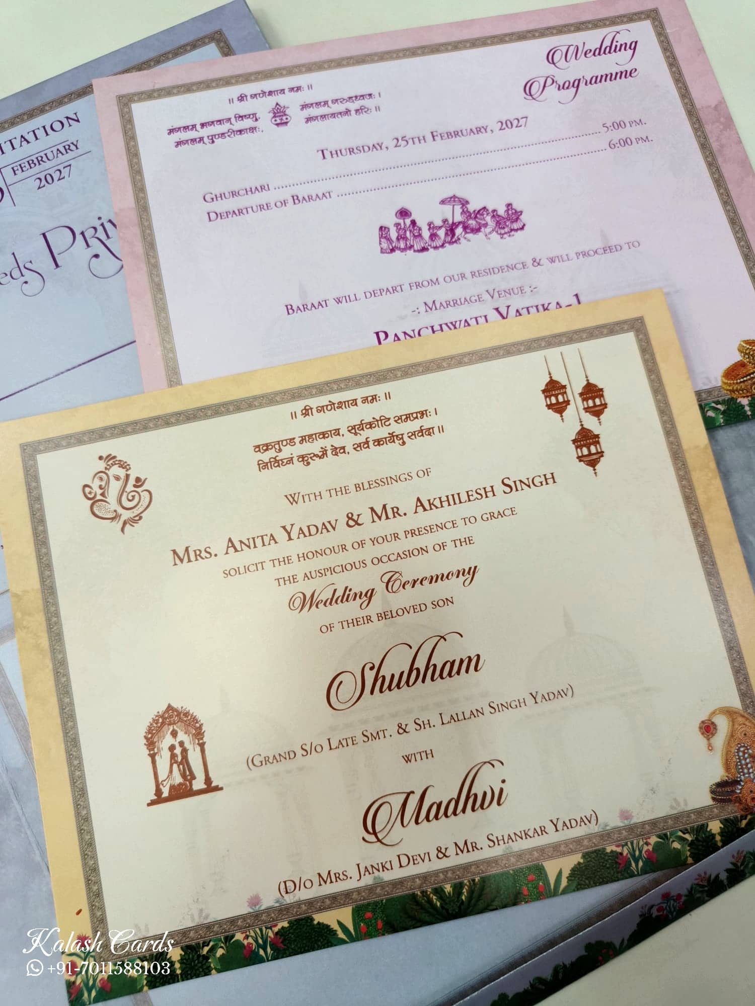 KLB527 Raja Rani Elephant Design Purple Color Double Door Style Semi Box Wedding Card (2 Page)