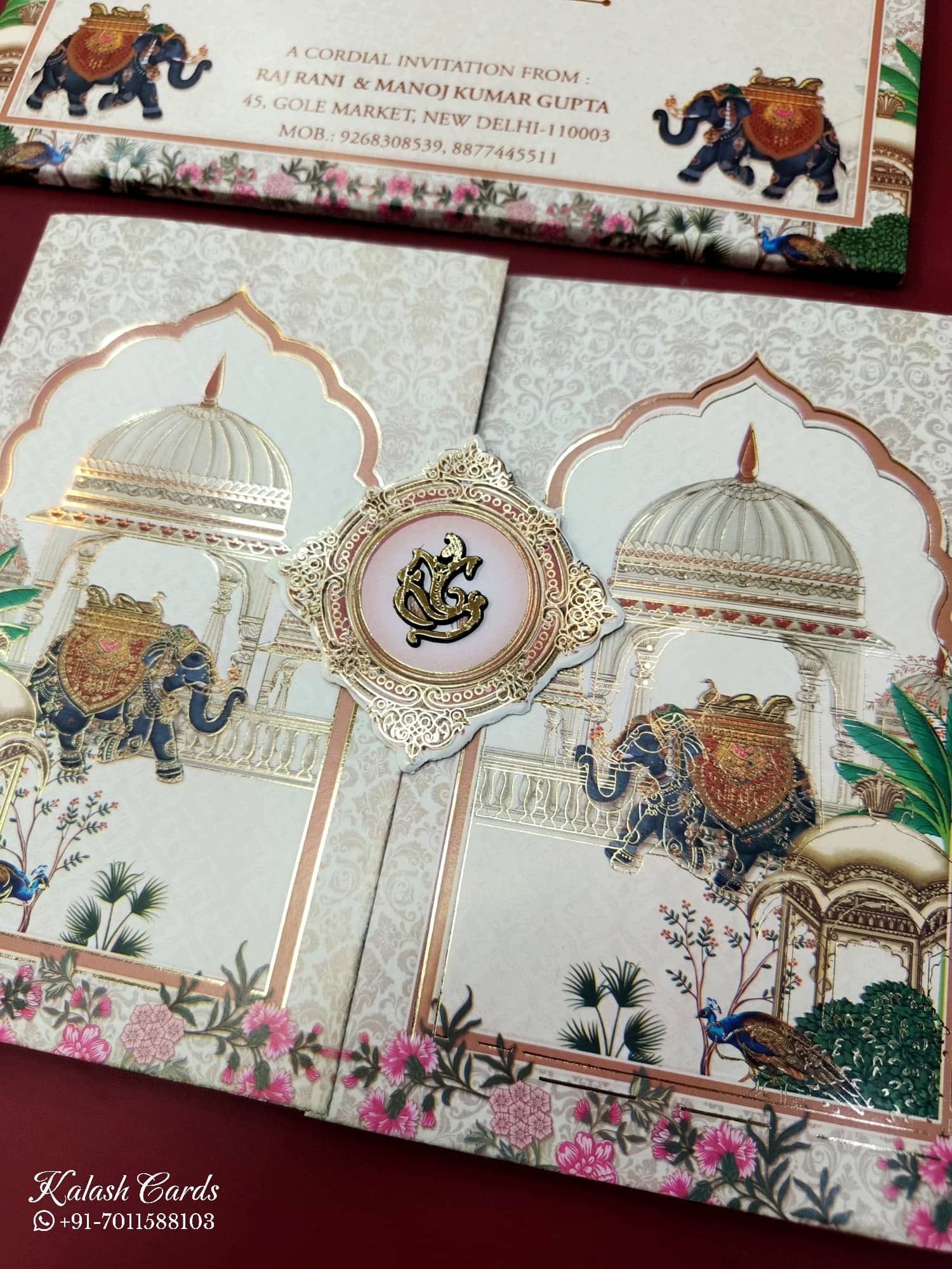 KLB539 Royal Fort Elephant Design Creme Color Double Door Style Semi Box Wedding Card (2 Page)
