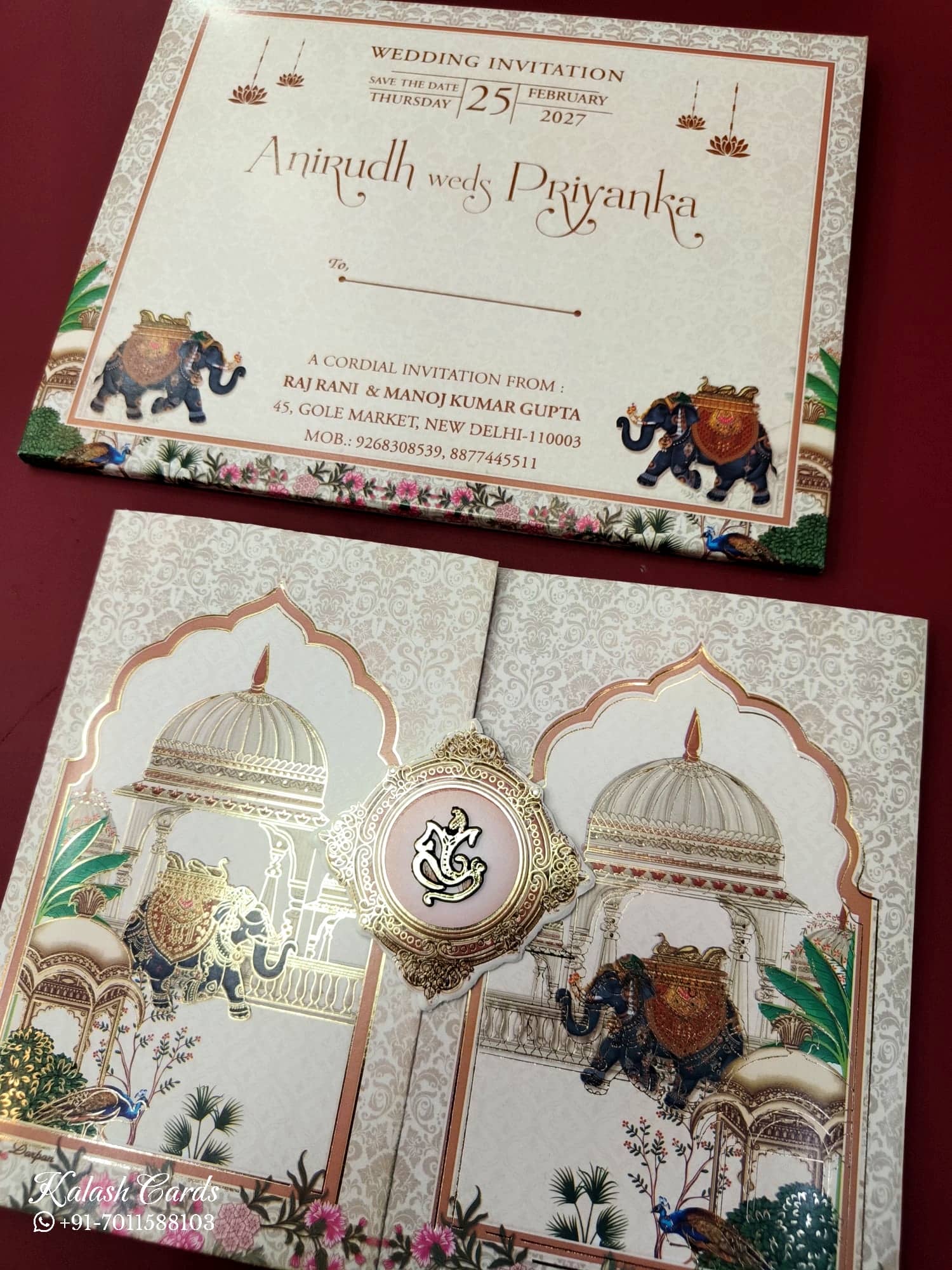 KLB539 Royal Fort Elephant Design Creme Color Double Door Style Semi Box Wedding Card (2 Page)