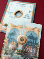 KLB547 Royal Fort Design Blue Color Double Door Style Semi Box Wedding Card (2 Page)