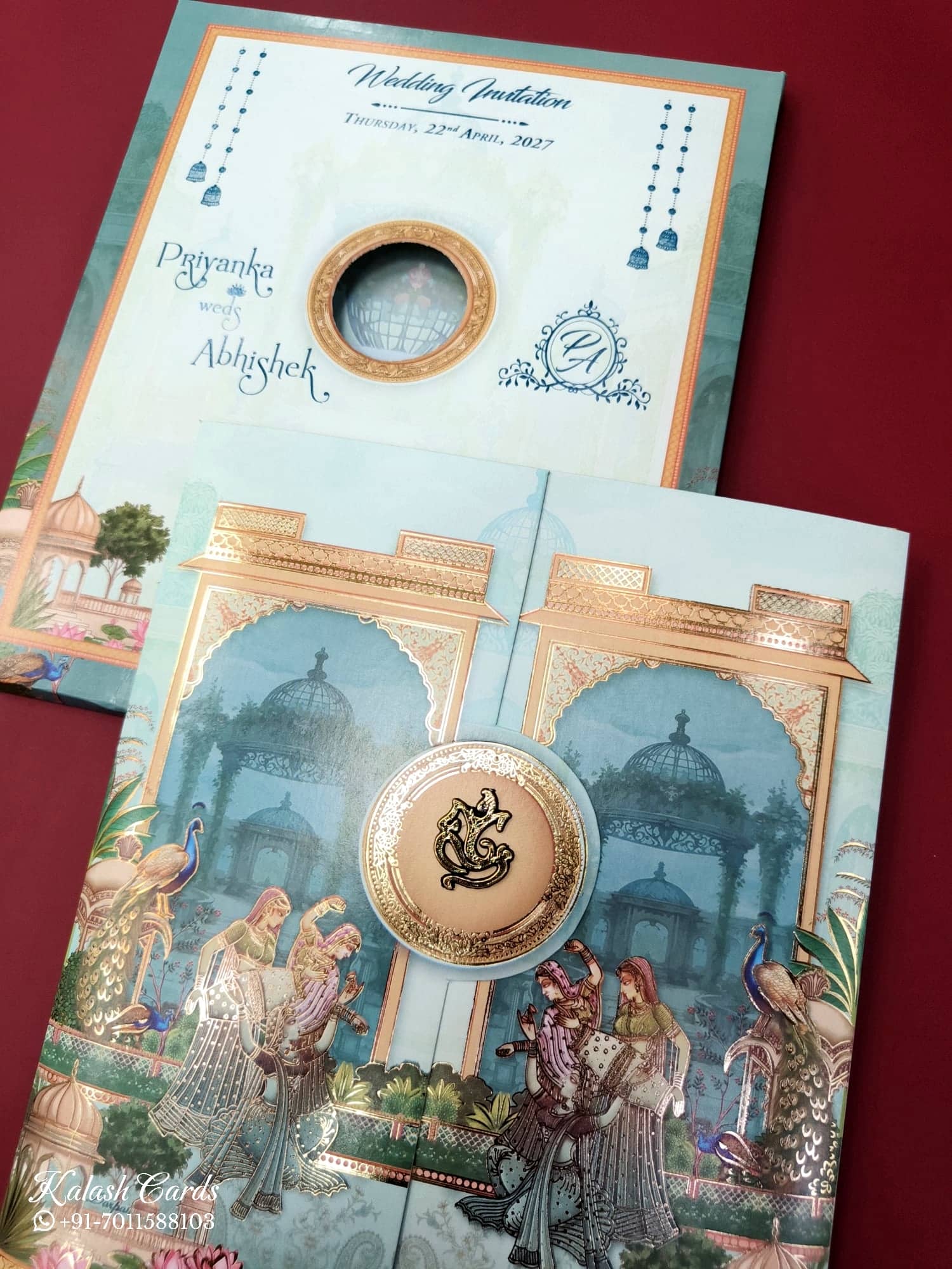 KLB547 Royal Fort Design Blue Color Double Door Style Semi Box Wedding Card (2 Page)
