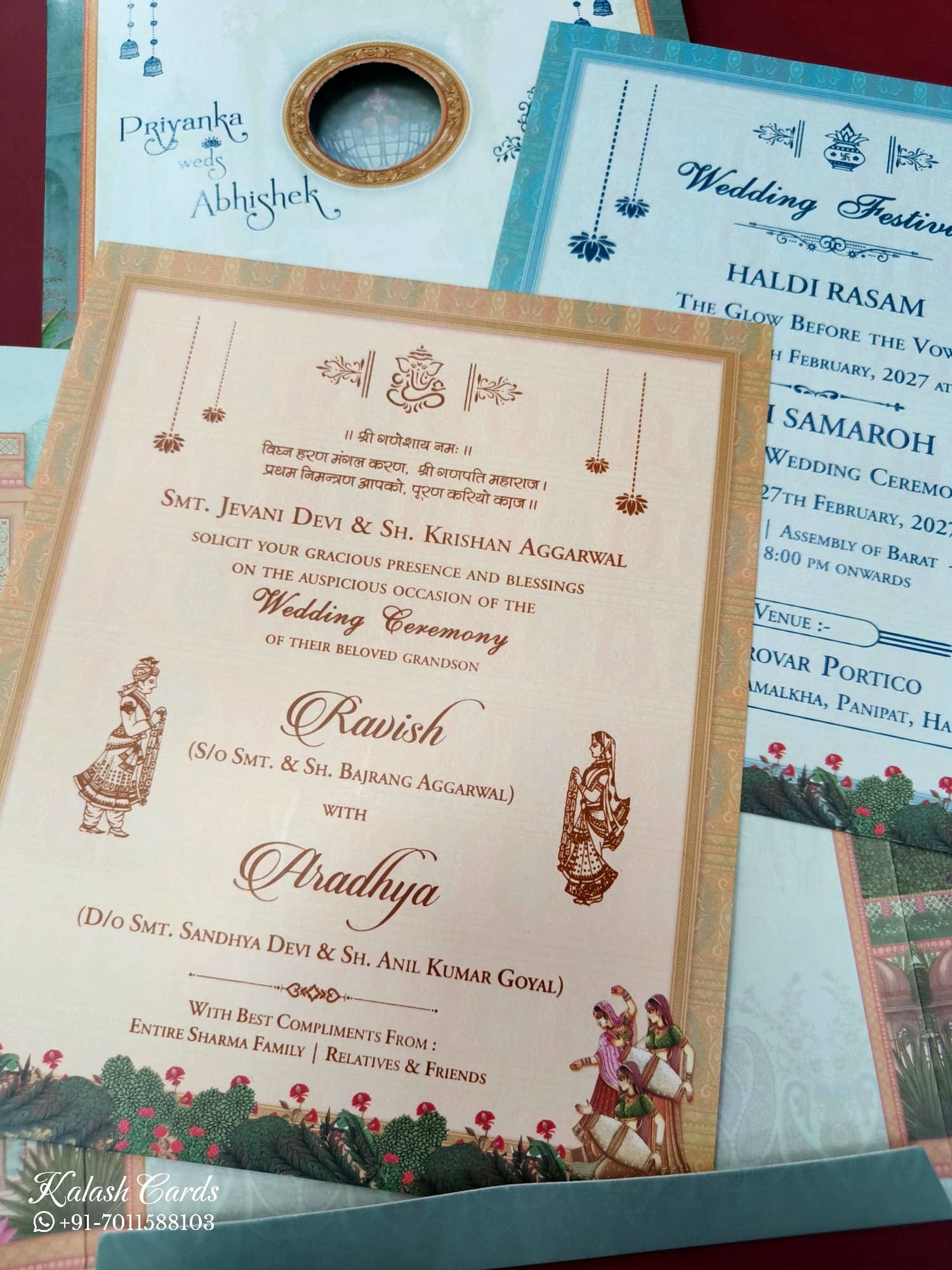KLB547 Royal Fort Design Blue Color Double Door Style Semi Box Wedding Card (2 Page)