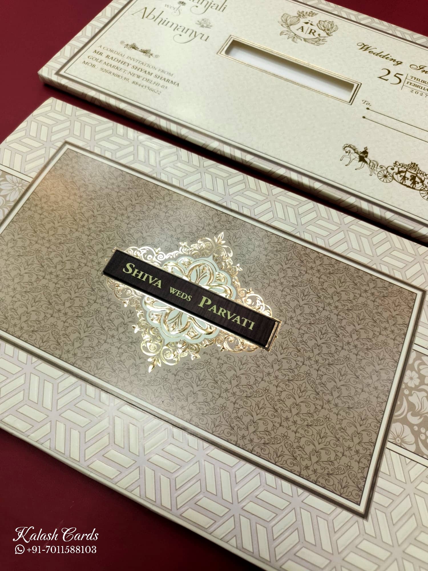 KLB552 Traditional Design Creme Grey Color Semi Box Wedding Card (2 Page)