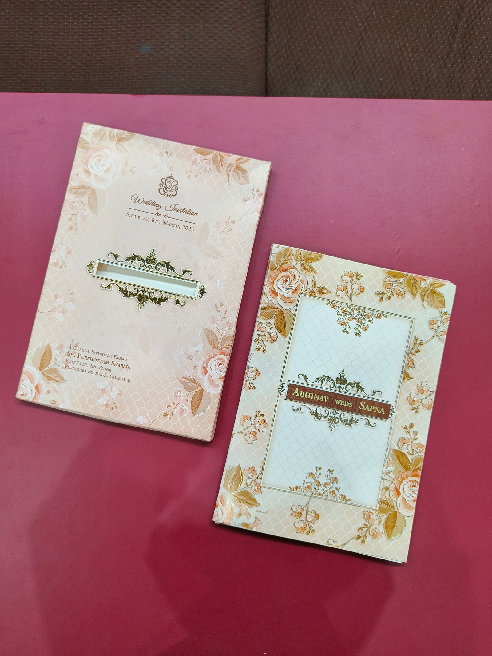 KLB553 Floral Design Semi Box Paper Wedding Card with Wooden Plate - Kalash Cards