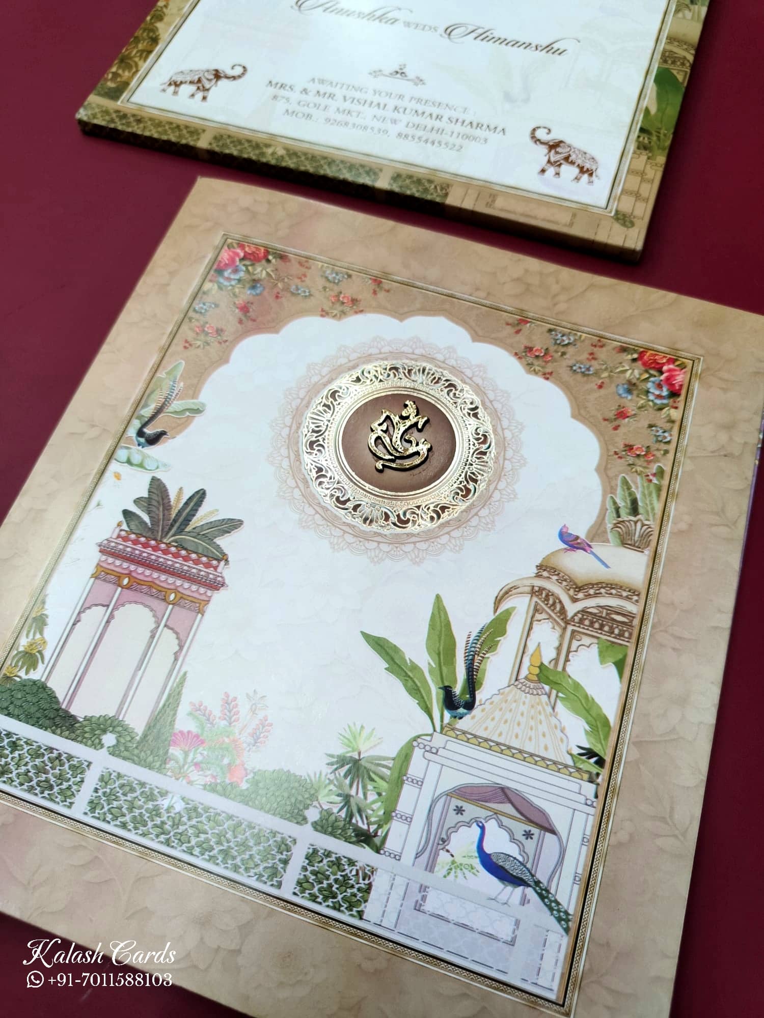 KLB554 Royal Fort Peacock Design Brown Color Semi Box Wedding Card (2 Page)