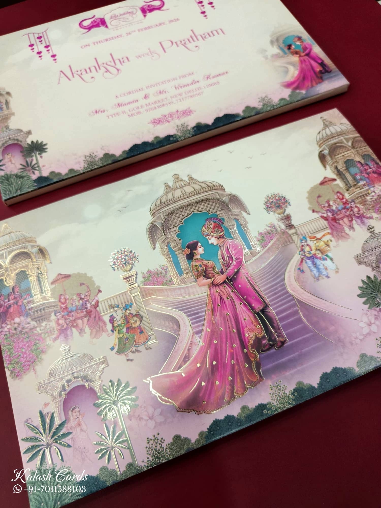 KLB555 Raja Rani Royal Fort Design Pink Color Semi Box Wedding Card (2 Page)