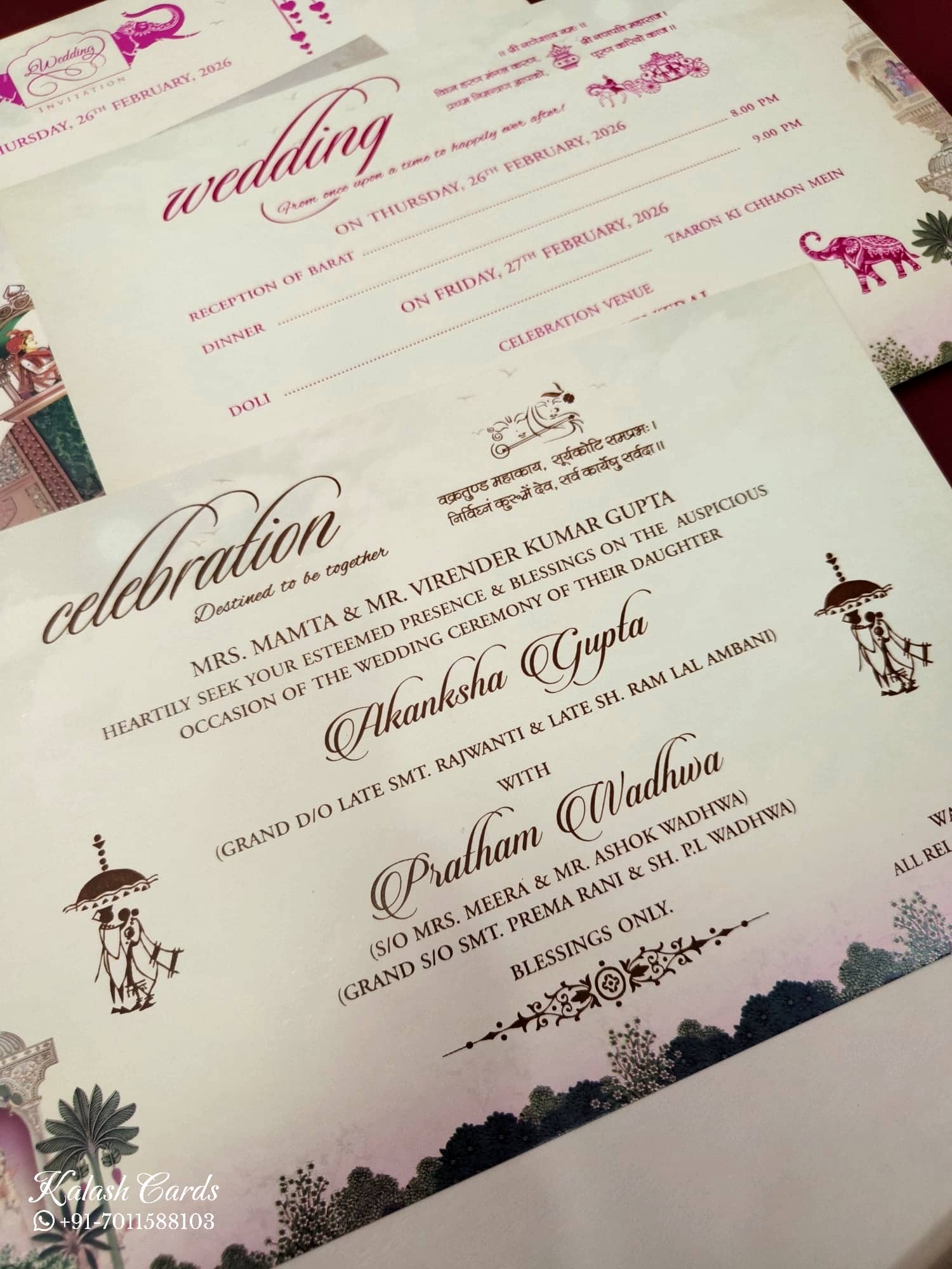 KLB555 Raja Rani Royal Fort Design Pink Color Semi Box Wedding Card (2 Page)
