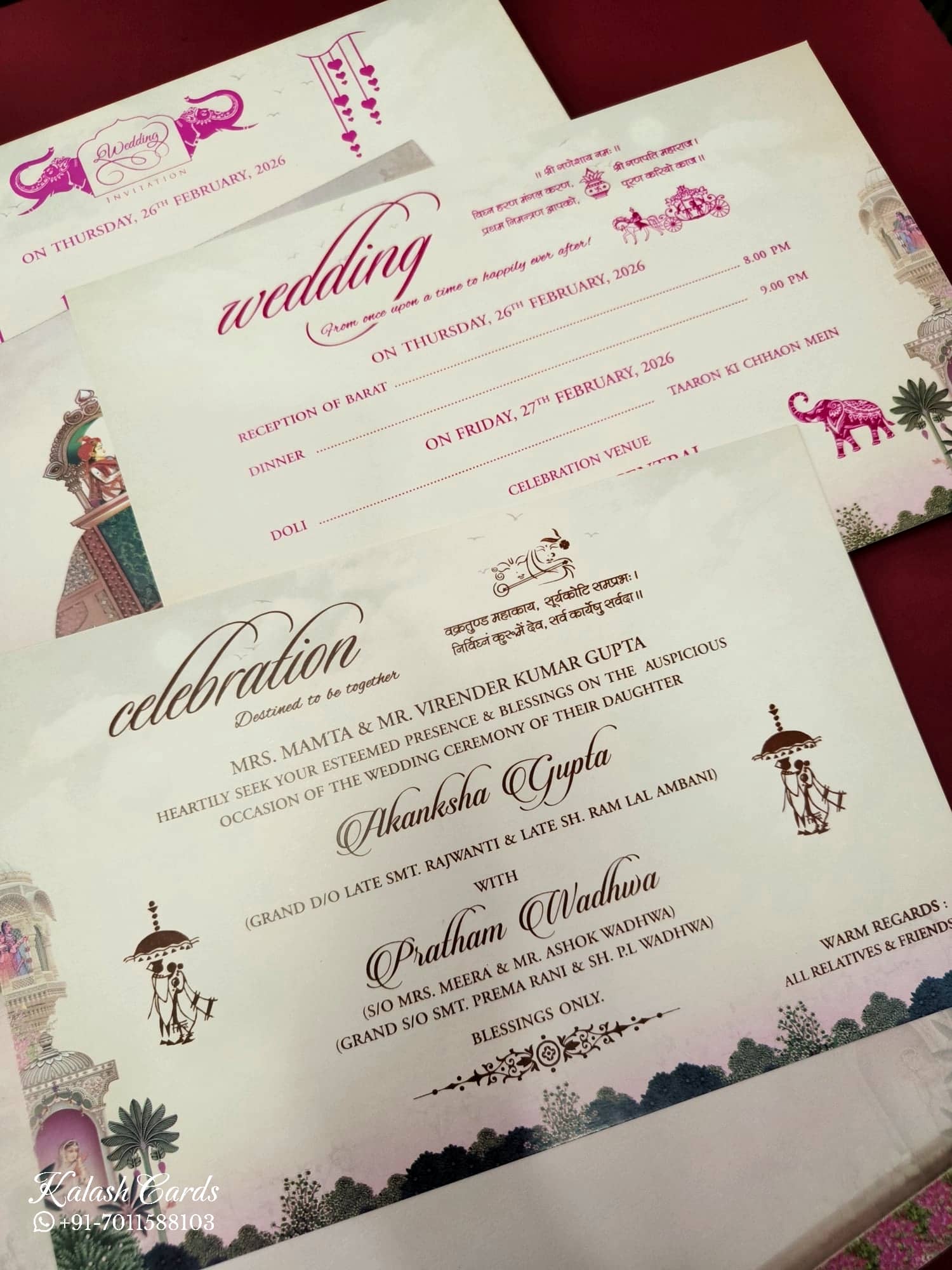 KLB555 Raja Rani Royal Fort Design Pink Color Semi Box Wedding Card (2 Page)