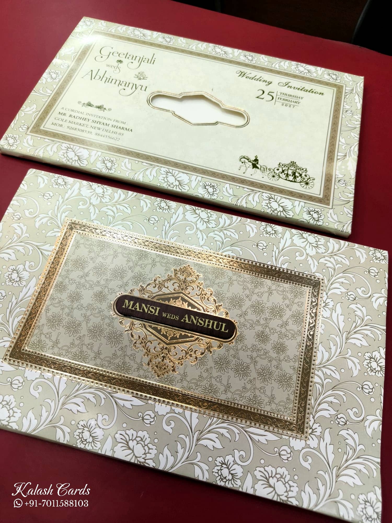 KLB562 Floral Design Green Color Embossed Semi Box Wedding Card (2 Page & 1 Couple Name Wooden Plate)