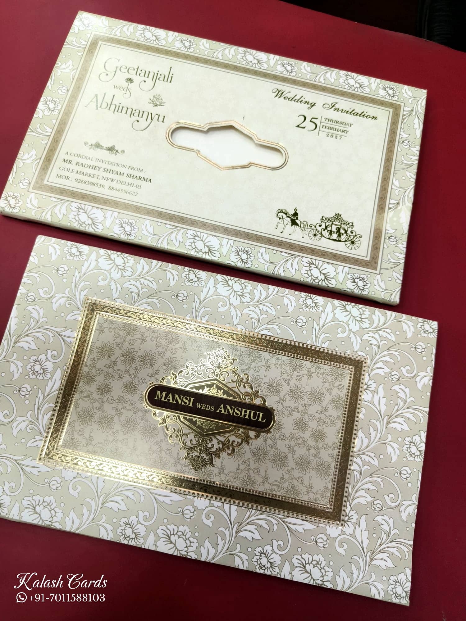 KLB562 Floral Design Green Color Embossed Semi Box Wedding Card (2 Page & 1 Couple Name Wooden Plate)