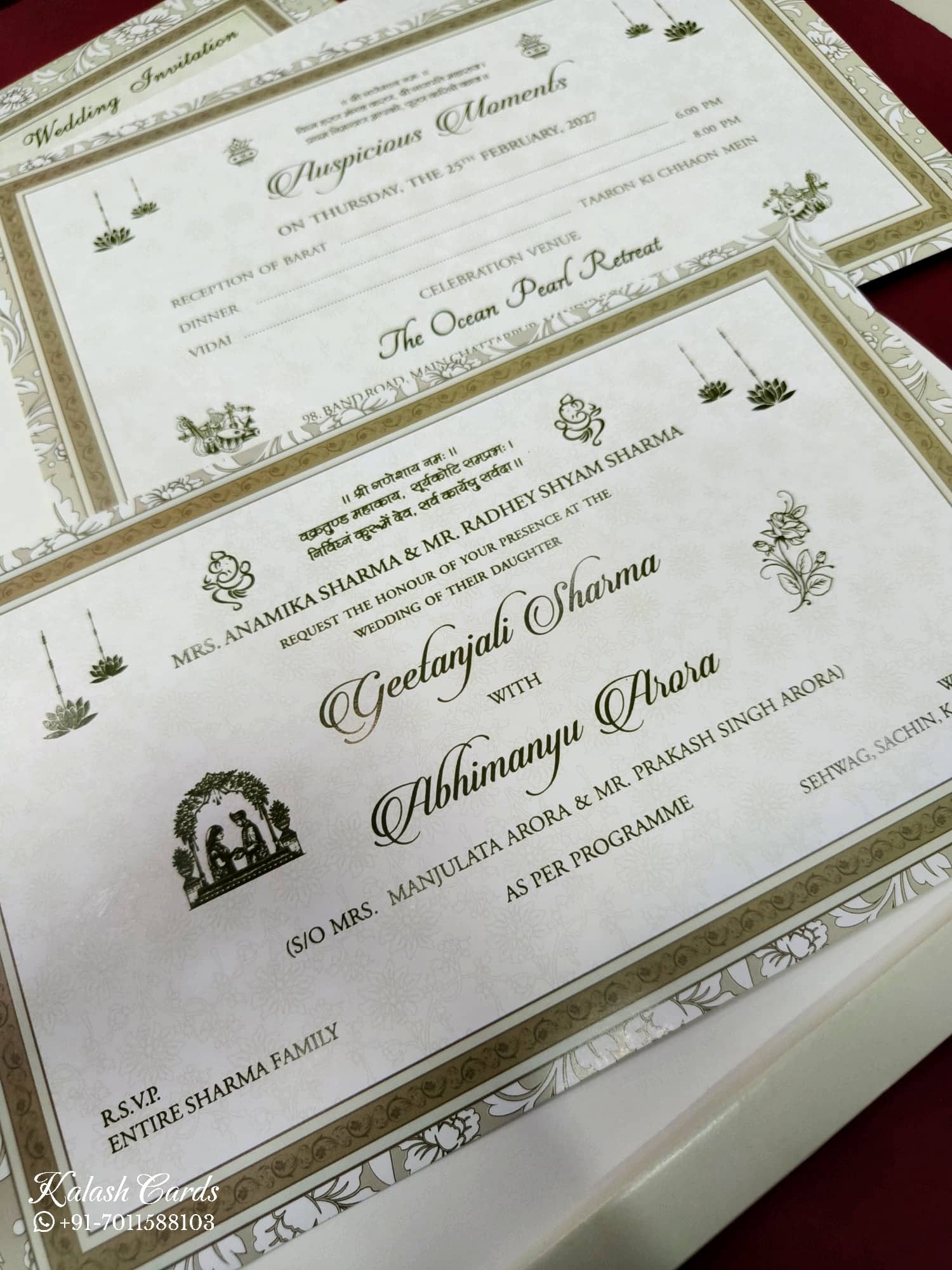 KLB562 Floral Design Green Color Embossed Semi Box Wedding Card (2 Page & 1 Couple Name Wooden Plate)