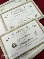 KLB562 Floral Design Green Color Embossed Semi Box Wedding Card (2 Page & 1 Couple Name Wooden Plate)