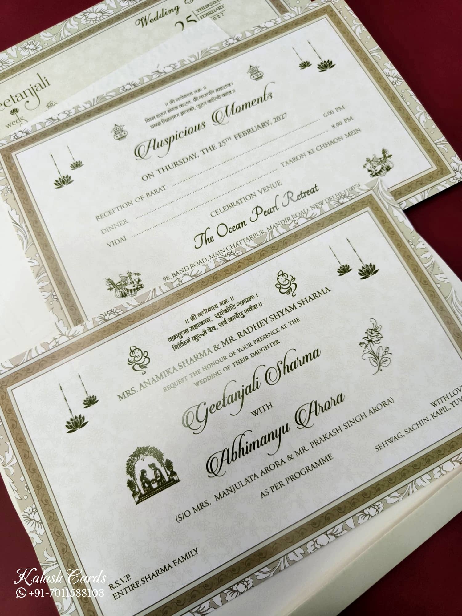 KLB562 Floral Design Green Color Embossed Semi Box Wedding Card (2 Page & 1 Couple Name Wooden Plate)